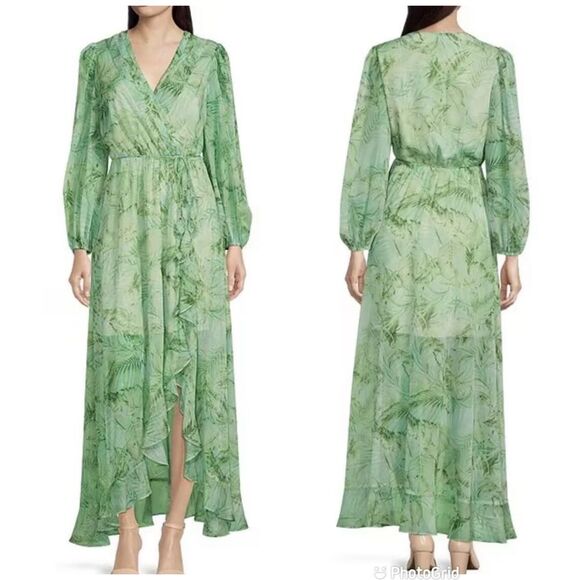 Alex Marie Green Tropical Print Long‎ Sleeve Chiffon Maxi Dress Size 2 4 New - Picture 1 of 11